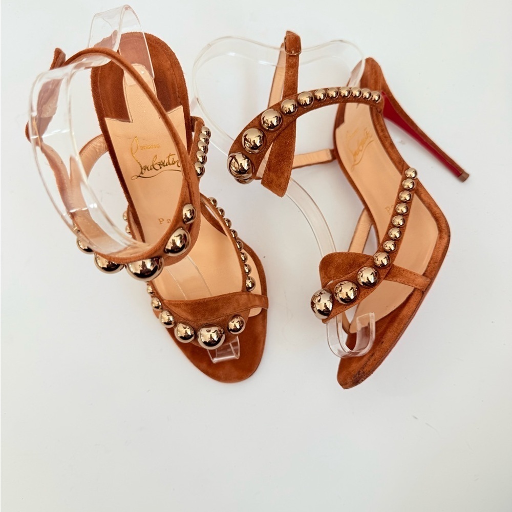 Christian Louboutin Galeria 100mm Cognac Suede studded Heels Sandals EU 37 - Picture 3 of 14
